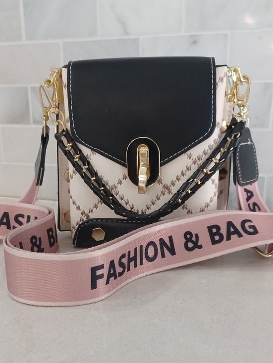 Handbags - Black Cream Pink Diamond Crossbody Mini Box Bag Purse Removable Wide Strap